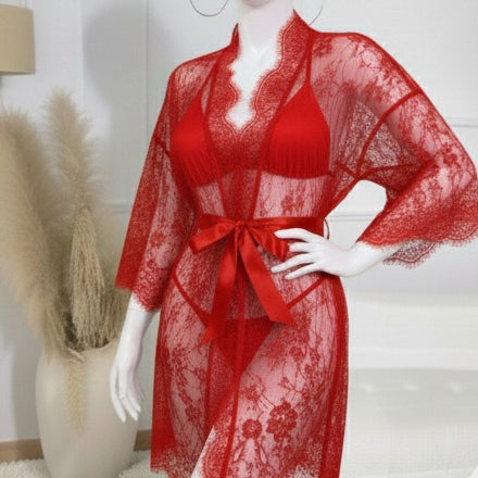 3 Piece Net Gown Set with Bra & Panty | Soft Lace Robe Lingerie | Free Size (fit upto 38 chest) |