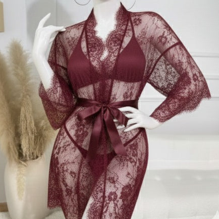 3 Piece Net Gown Set with Bra & Panty | Soft Lace Robe Lingerie | Free Size (fit upto 38 chest) |